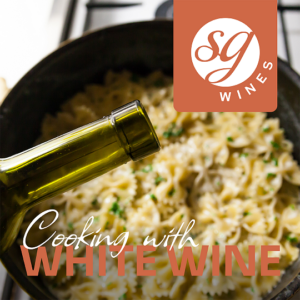 adding white wine to a dish with text overlay, "Cooking with White Wine"